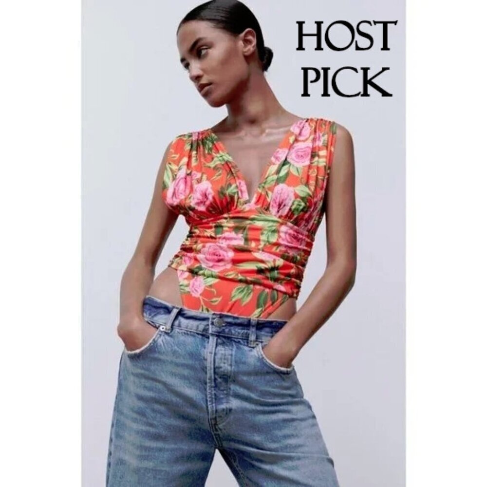 NWOT Zara multicolour floral print draped ruched V-neck bodysuit, M